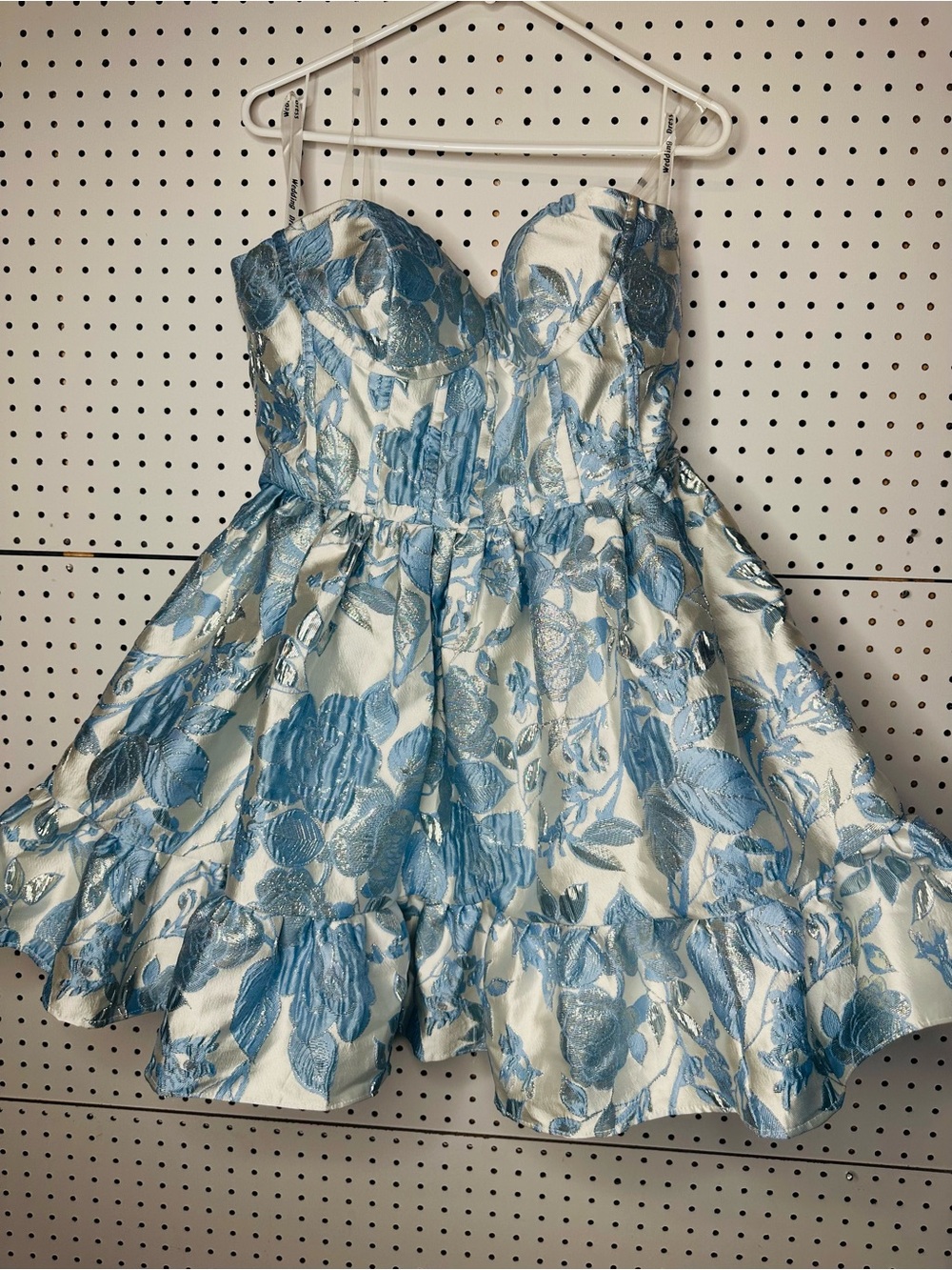 Blue Floral Jacquard women Dress with Sweetheart Neckline Size 14